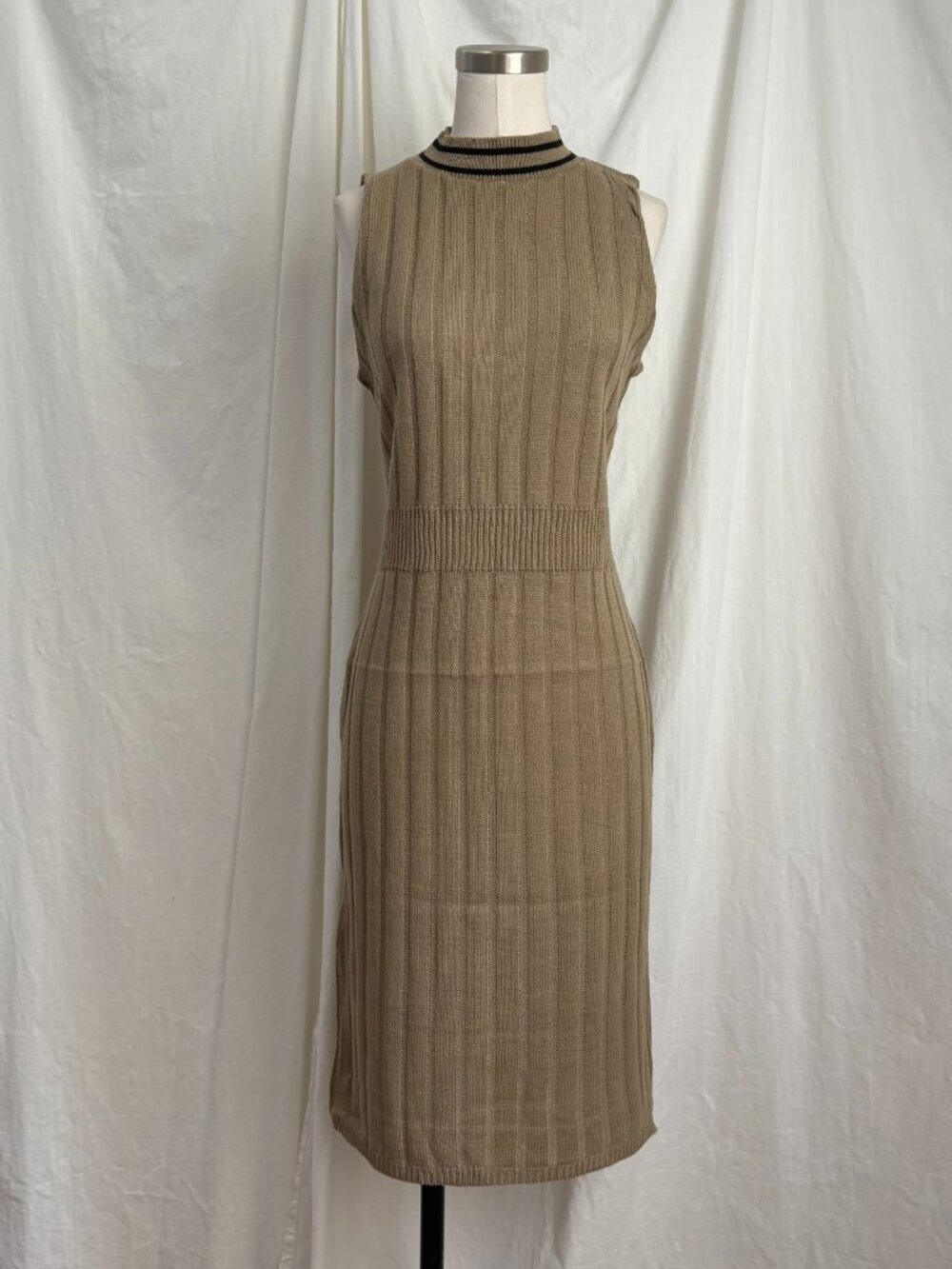 Vintage 70s Bedford Fair Tan Mock Neck Sleeveless Midi Sweater Dress M Retro